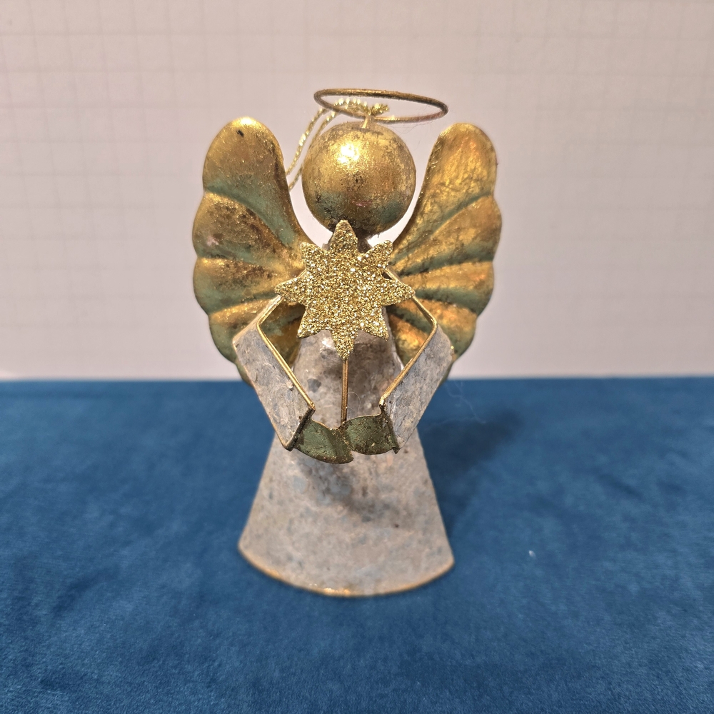 Vintage Angel Christmas Ornament Mica Metal 5 1/2" Gold Mid Century Modern 60s